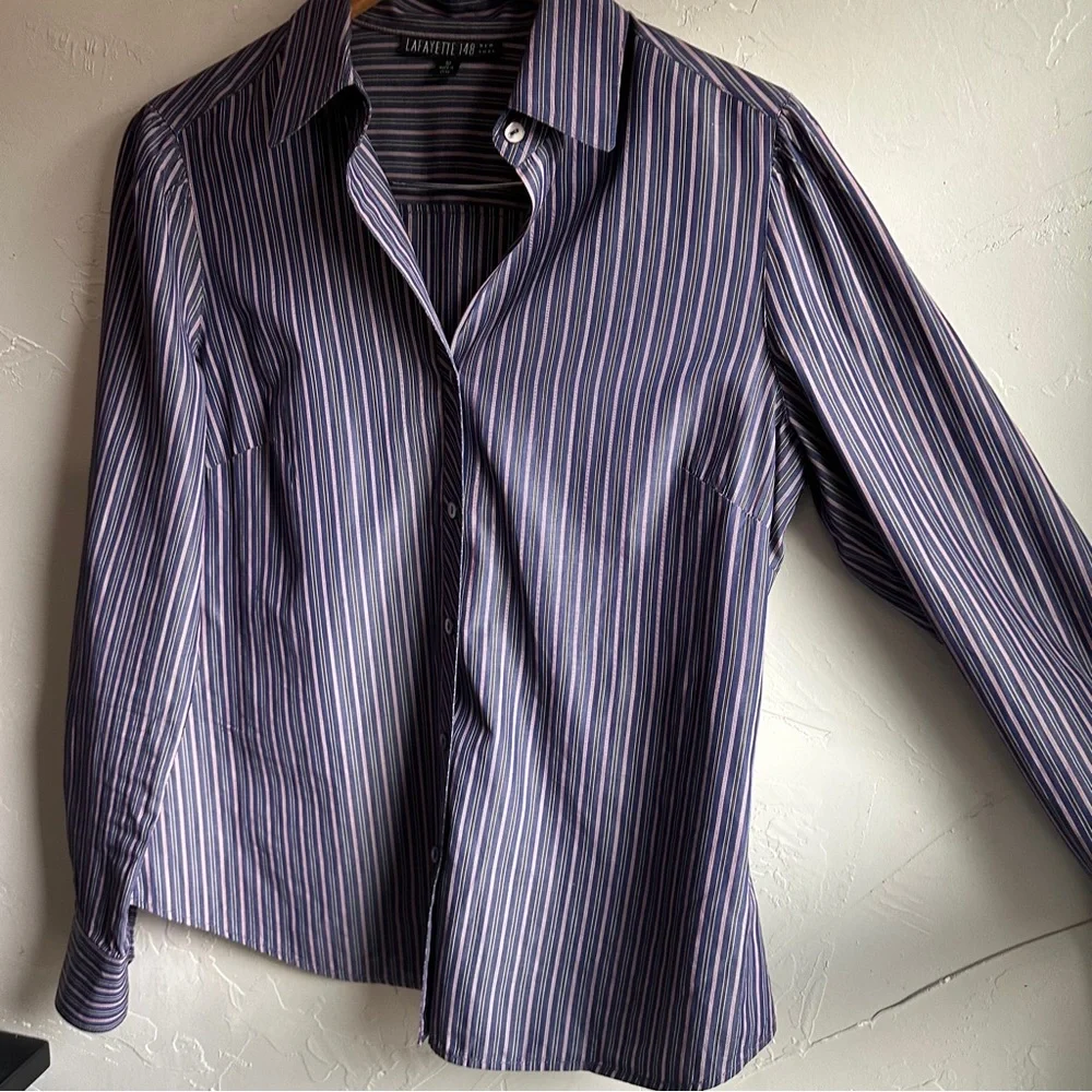 Lafayette 148‎ Women’s Button Down Shirt Blue and Red Pinstripes Open Top Sz 10 - Picture 11 of 15